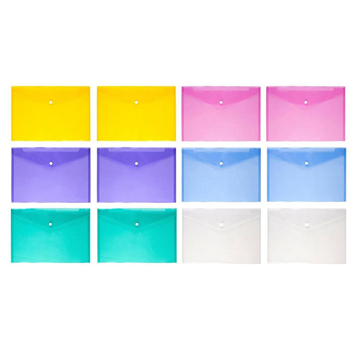 12Pcs Multi File Envelope PVC Snap Button File Bag 6 Colors A4 with Business Card Holder File Bag