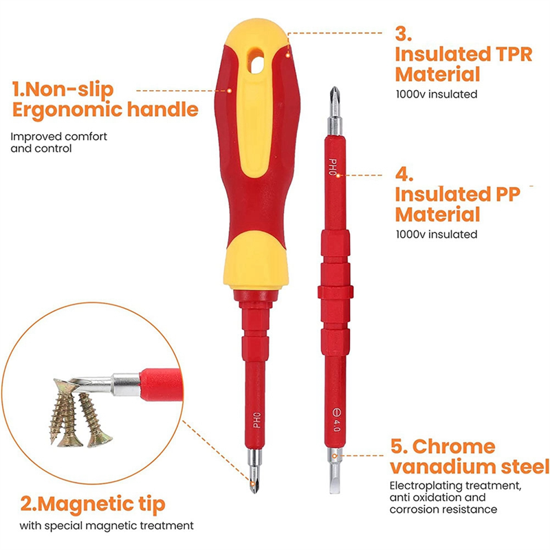 1Set Insulated Electrician Screwdriver Set with Magnetic Wristband Tools 1000V Red Small Tool Set for Men PH Slotted Torx Hex Square Bits. 