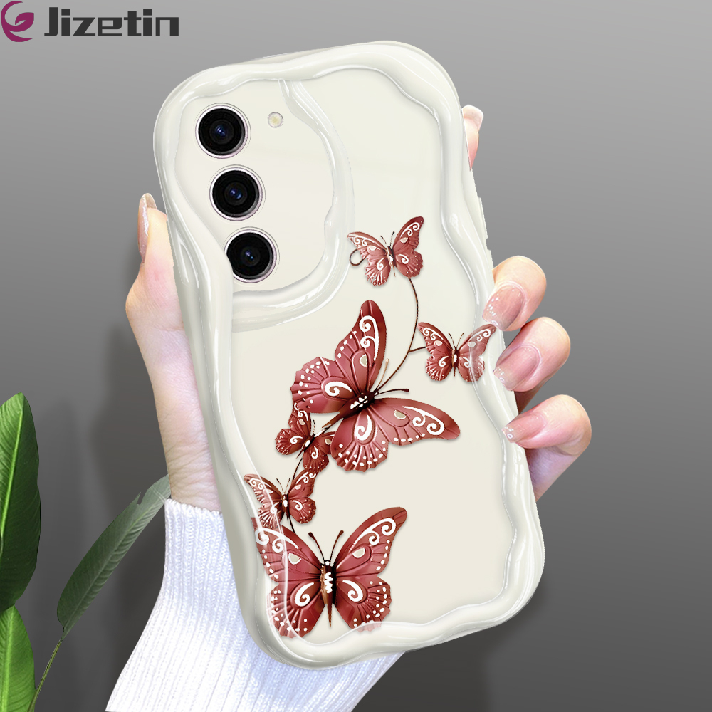 Jizetin for Samsung S23 5G Back Cover Cartoon Colored Branch Butterfly Cream Wavy Edge Soft Silicone Phone Case