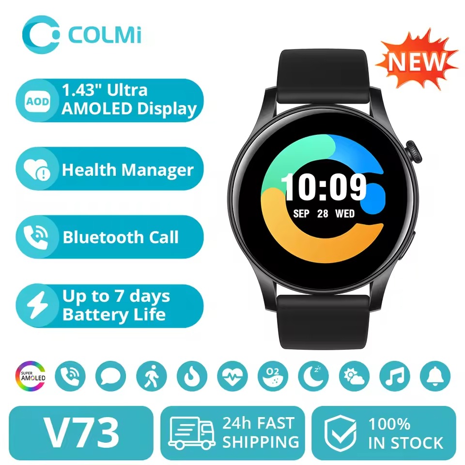 COLMI V73 Bluetooth Calling Smartwatch AMOLED Display, Health Fitness Tracking Waterproof Smart Watch. 