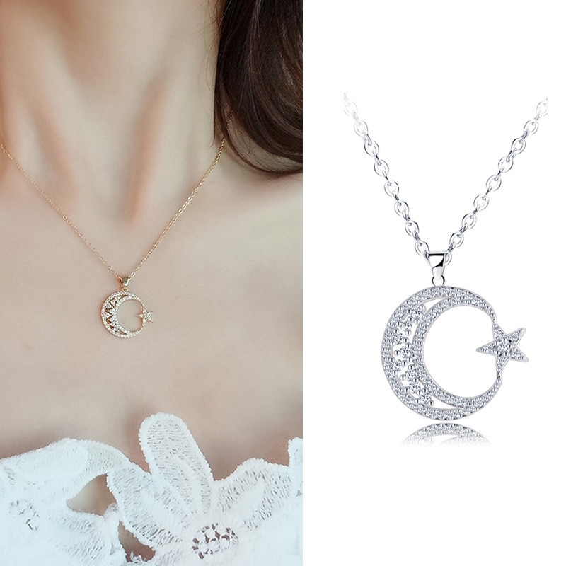 【VisioN Shop】trendy Zirconia star Moon pendant Necklace luxury hollow Choker Necklace Korean Jewelry X-l0122. 