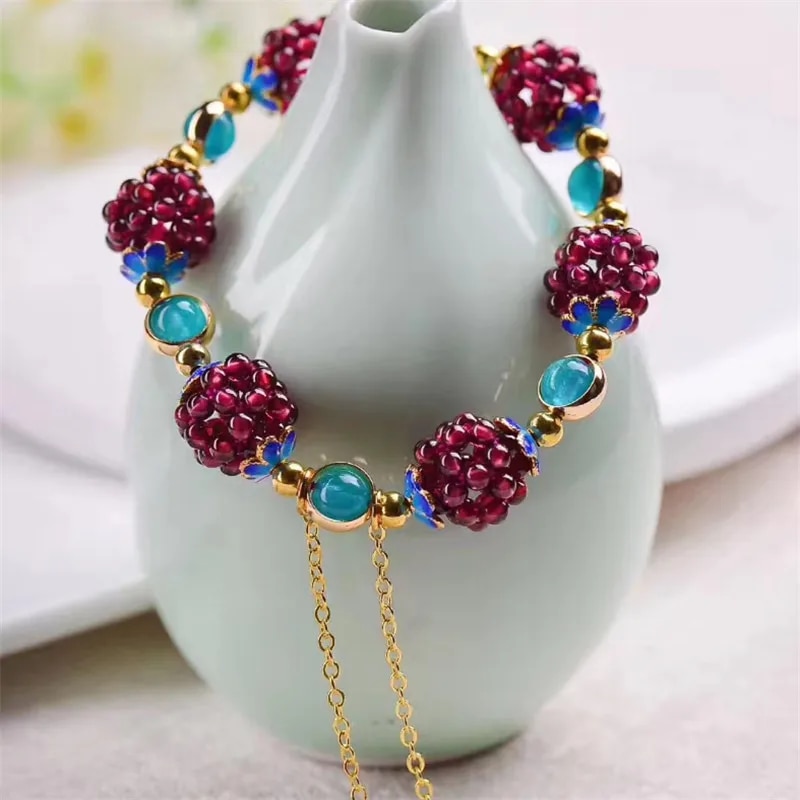【beauty code store】Natural Garnet Bracelet Multi Circle Pomegranate Bracelet Garnet Grape Ball for. 