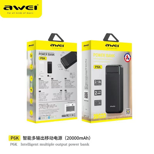 Awei P6K 20000mAh Fast Charging Dual USB Port Powerbank Micro USB and Type C Input Power Bank Black. 