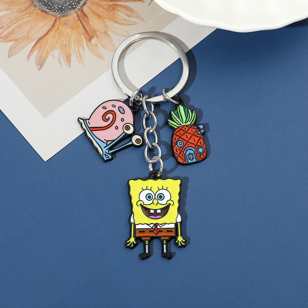 Spongebob Squarepants Metal Keychain Necklace Set Gary the Snail Pineapple House Enamel Pendant Key Chain Car Keyholder for Men. 
