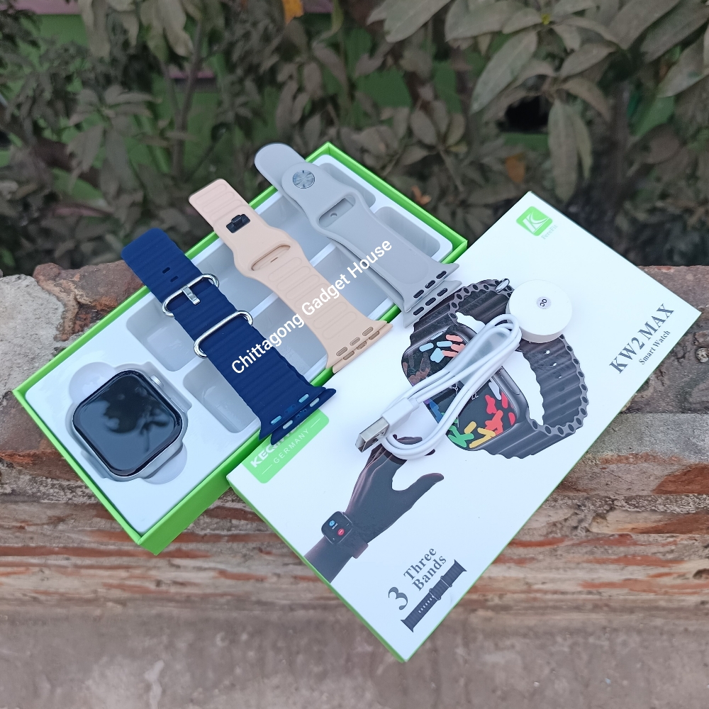 KEQIWEAR KW2 Max HD Curved Screen Wireless Charging & Multi Functional Smartwatch With 3 Bands. 