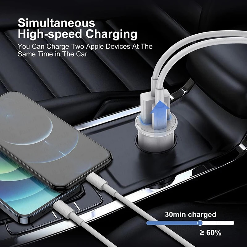 For APPLE Original PD 45W USB Type C Car Charger For iPhone 11 12 13 14 Pro Max Mini X XS XR 8Plus Fast Charging Lightning Cable. 