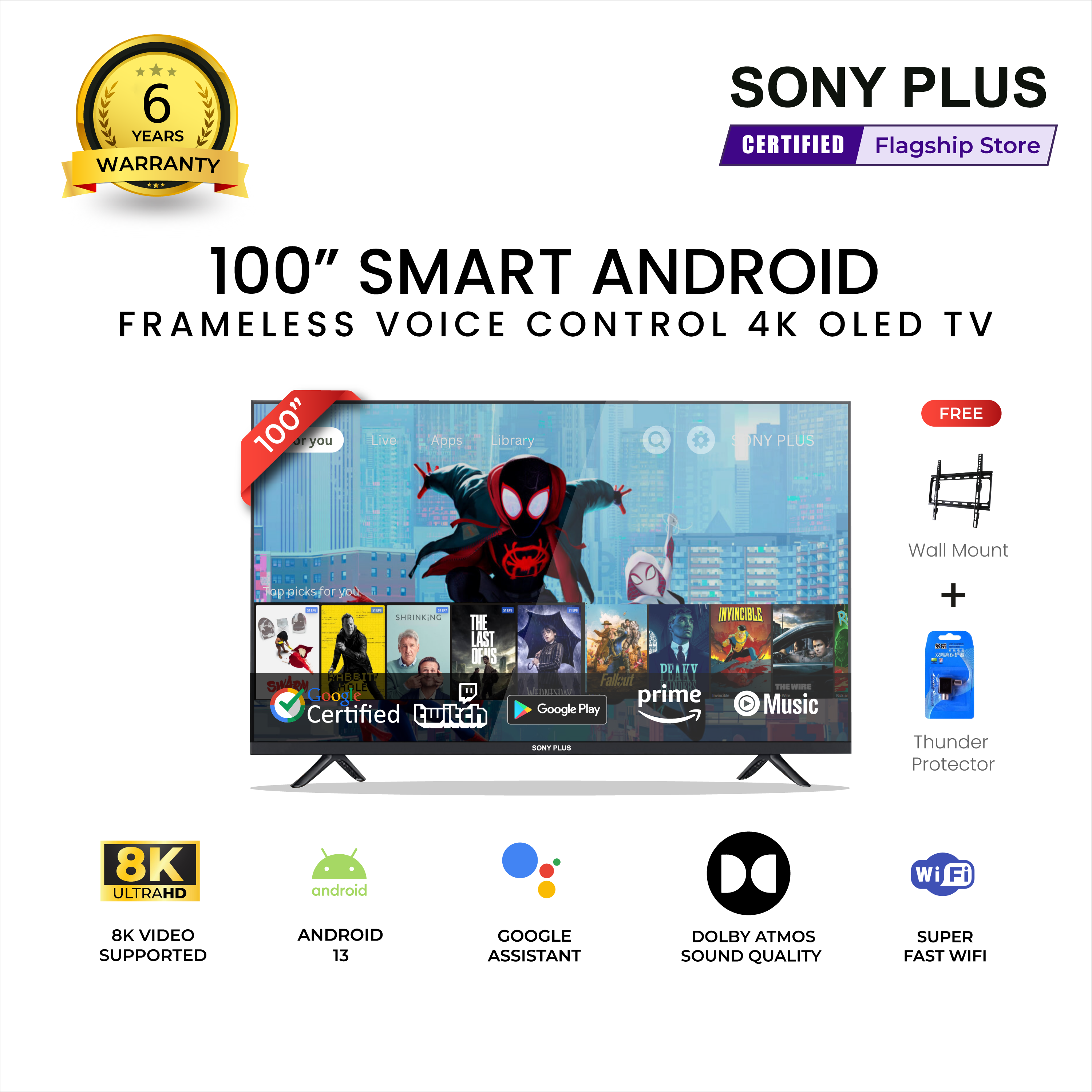 Sony Plus 100 inch Frameless Voice Control Smart QLED TV Wi-Fi UHD 8K Supported Android Television