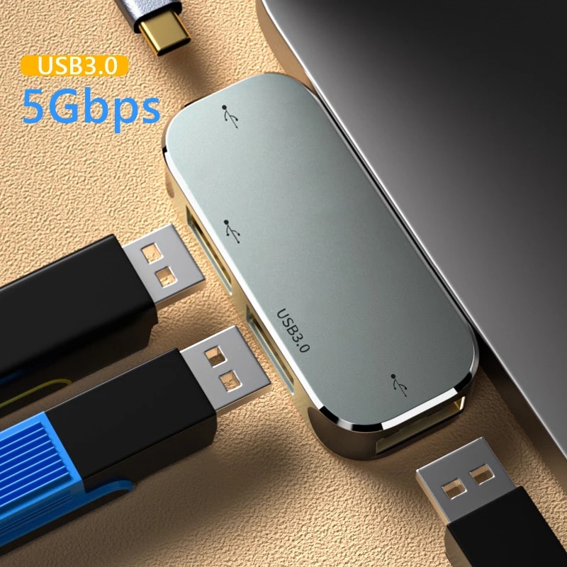 Multi-function 6 in 1 Type-C Hub 3.55mm Jack PD100W USB3.0/USB2.0/USB3.1 HDMI-Compatible USB Extender Hub. 