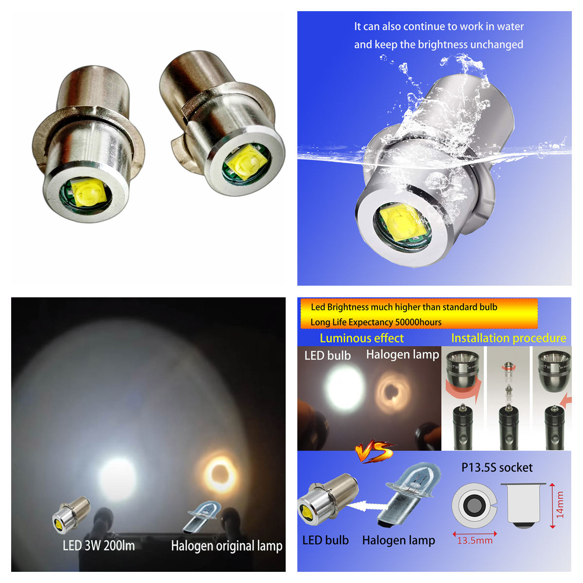 P13.5S Pr2 LED Bulb 3W Upgrade LED Flashlight Bulb Maglite LED Conversion Kit Mag Light LED Bulb 2-16 C D Cells Maglite Torch. 