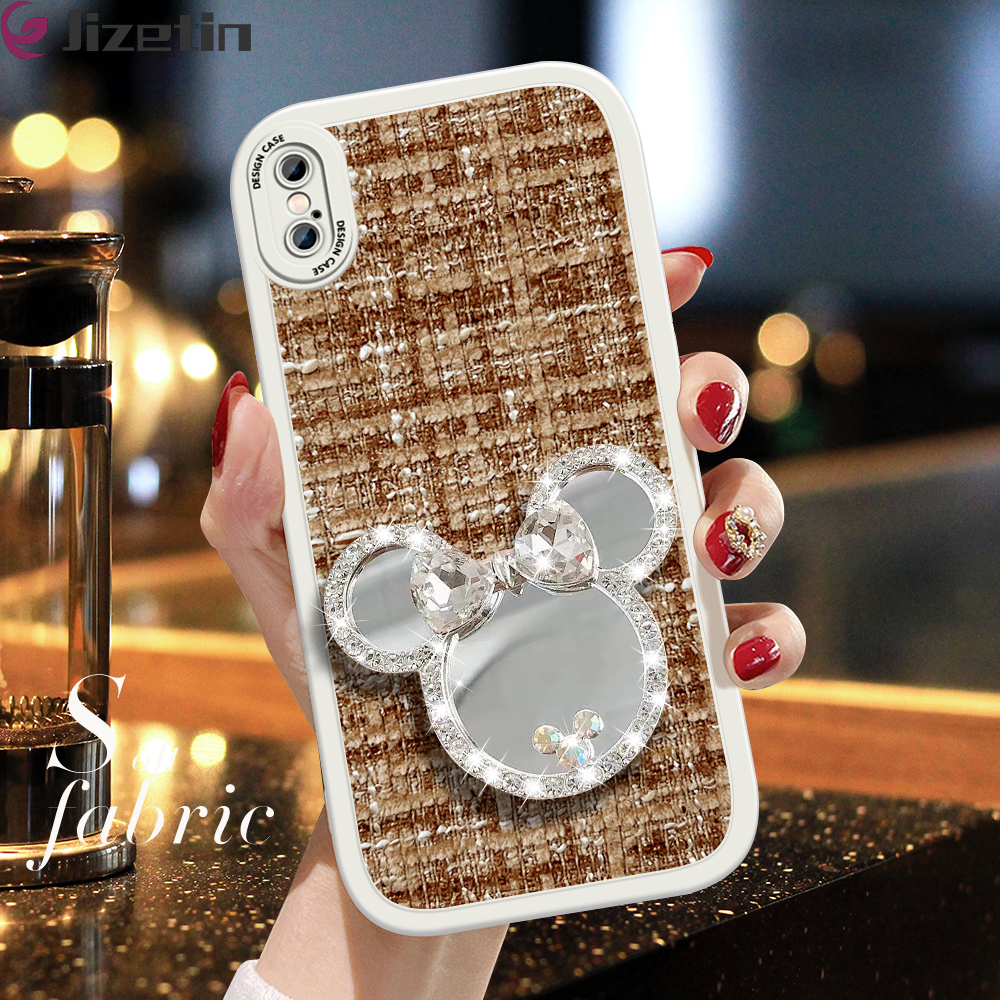 Jizetin for iPhone XS MAX Back Cover Shiny Bowknot Makeup Mirror Fabric Texture Back For Girls Soft Silicone Edge Phone Case