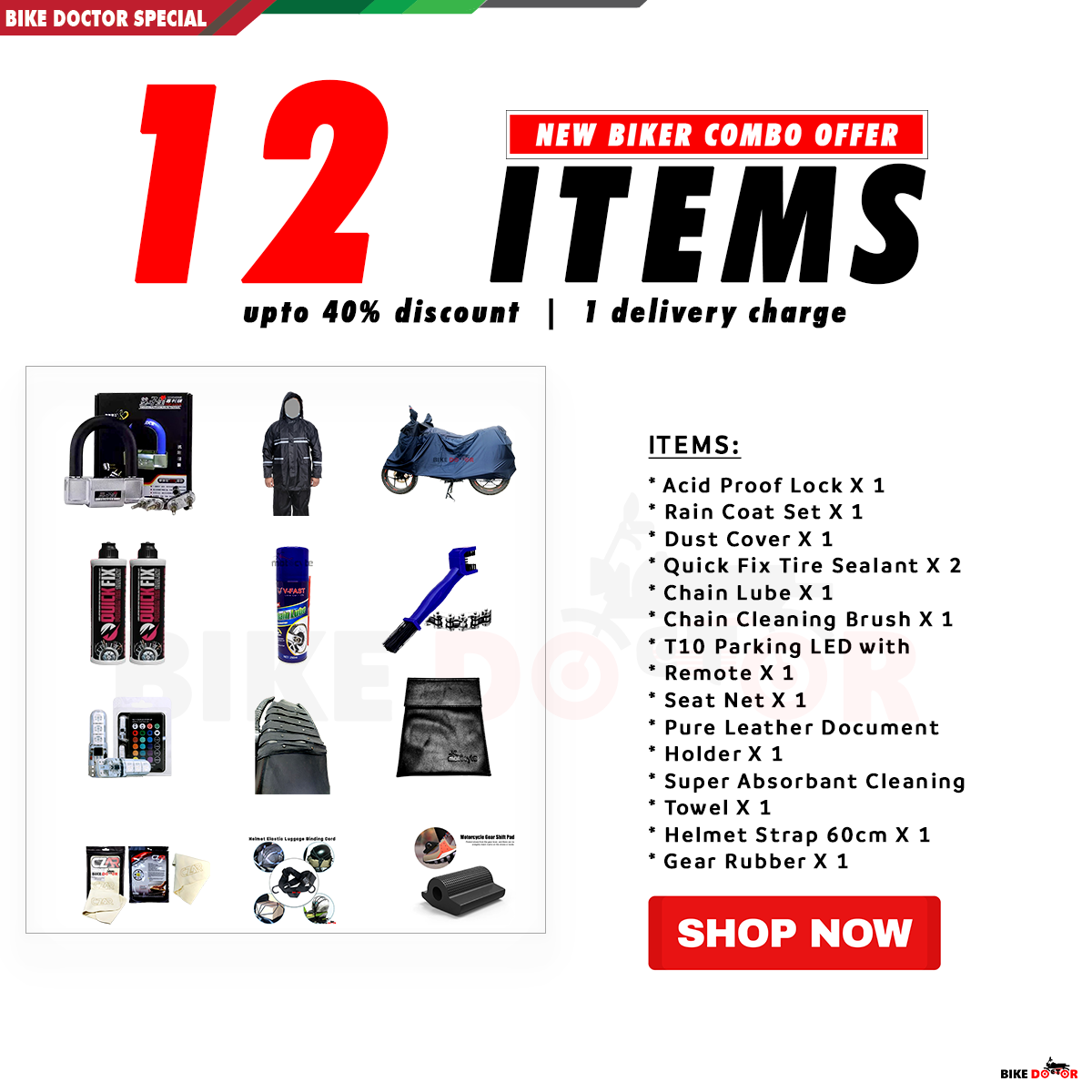 Bike Essential Pack with must have items for Biker (12 Items) Random Color Selection