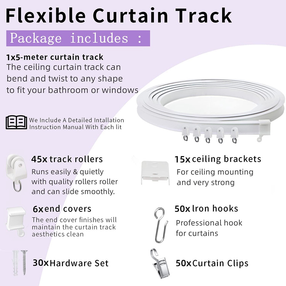 Flexible Bendable Ceiling Curtain Track, Ceiling Mount for Curtain Rail, Room Divider Ceiling Track for Curtains 16.4FT. 