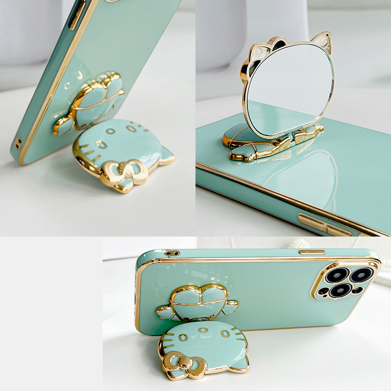 UCUC for Itel S23 Back Cover Cute kitty Mirror Multifunction Folding Bracket Luxury 6D Plating Case Soft Silicone Square Phone Cases for Boys for Girls. 