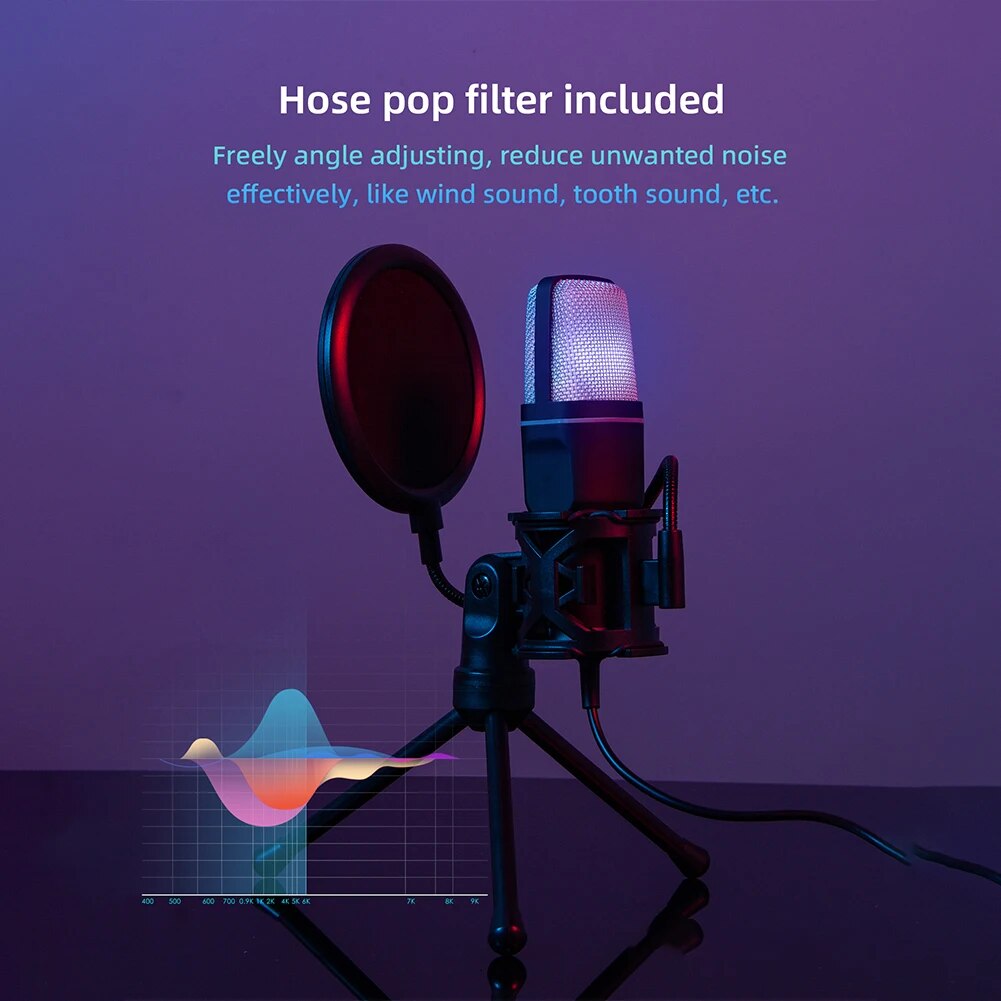 Professional Wired Microphone with Tripod Stand PC Condenser Mic RGB USB Recording Gaming Microphone for Computer Laptop Desktop. 