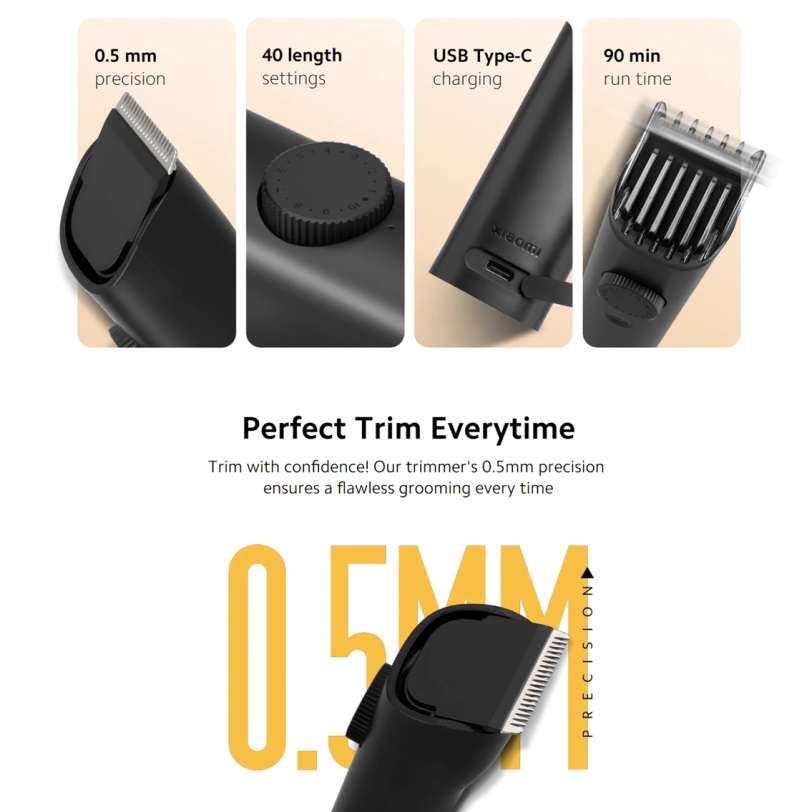 Xiaomi 2C Beard Trimmer Stainless Steel Blade IPX7 Waterproof Large 800mAh Battery Up to 90 Minutes Continuous Use 0.5mm Precision 40 Length Settings USB Type C Charging Safety Lock Feature Trimmer for Men and Women. 