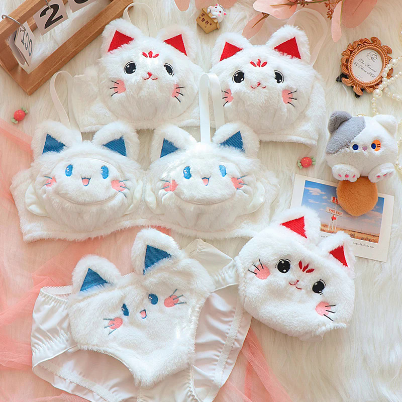 Cat fall and winter limited to cute plush underwear confortable women lingerie non-steel ring bra set to keep warm bralette. 