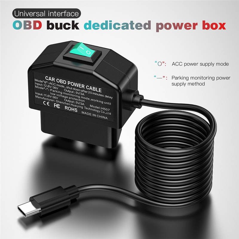 Dash Cam OBD Hardwire Kit Dash Camera USB Type C Hardwire Set with OBD Power Cable for Dashcam 12-24V to 5V/3A. 