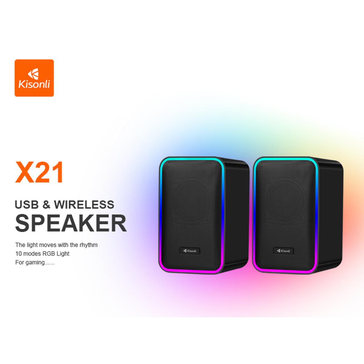 Kisonli X21 Gaming Speakers Multimedia RGB Heavy Duty Portable Bluetooth Subwoofer Speaker USB DC 5V/1-2A 20 Watt Speaker