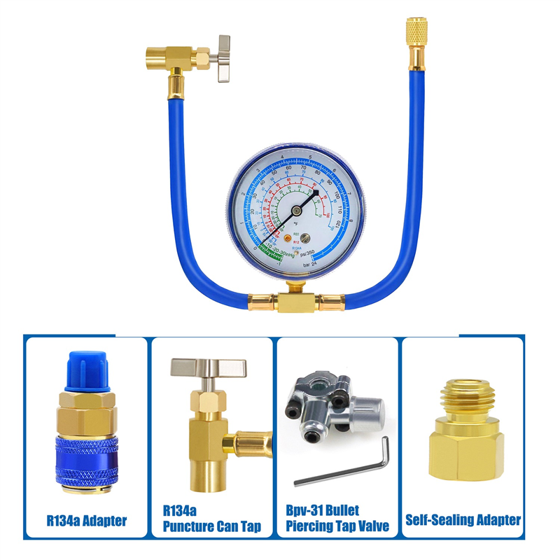 1Set ACR134A Refrigerator Freon Recharge Kit AC Charge Hose with Gauge Piercing Can Tap and Self-Sealing Adapter Blue 134A Refrigerator Recharge Kit. 