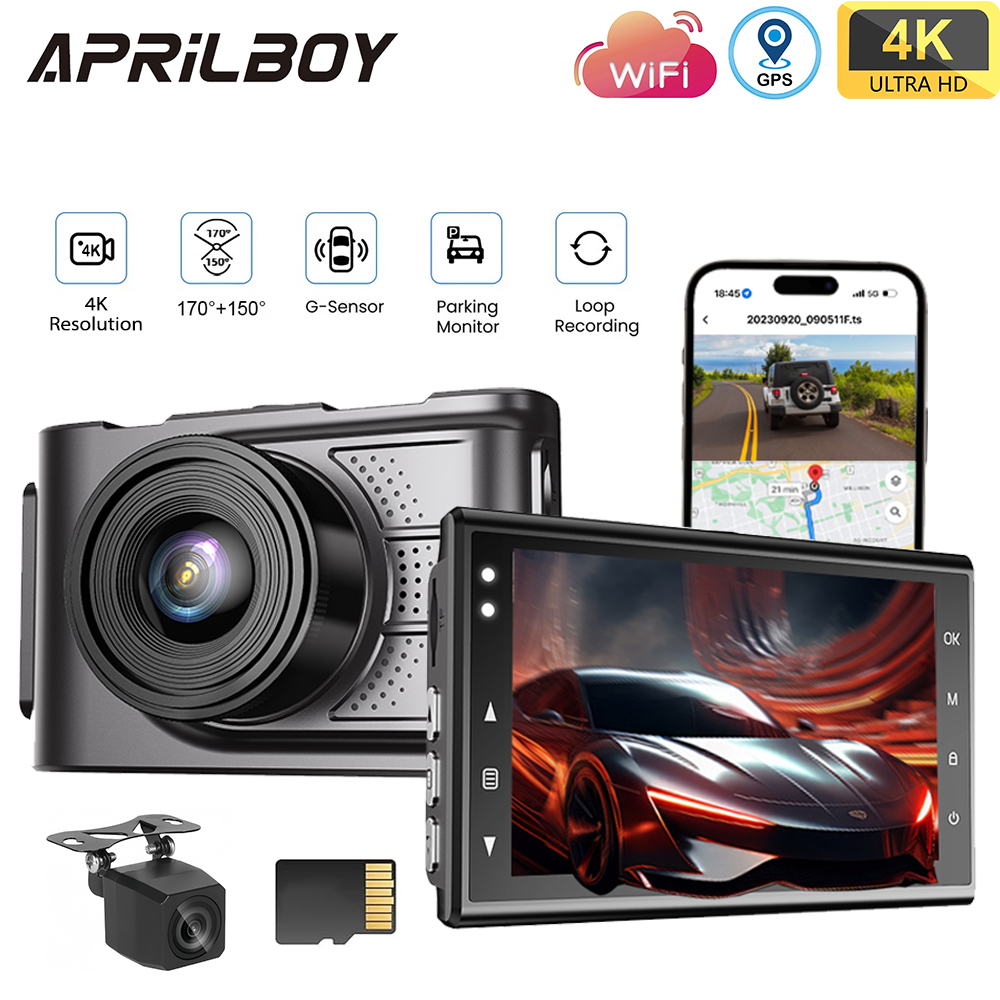Aprilboy 4K Dash Cam Car DVR with Rear Cam G-Sensor Support WIFI App Control 24H Parking Monitor Night Vision Black Box Dash Cam