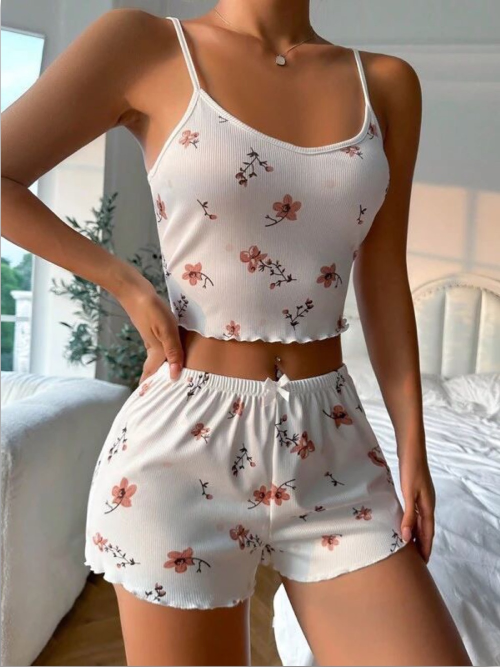 Floral Print Contrast Binding Lettuce Trim Cami Top & Shorts PJ Set. 