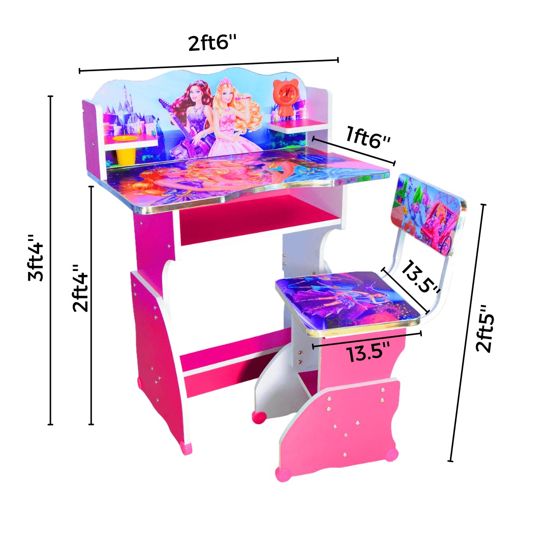 High Quality Pink Color Barbie Cartoon Design Kids Study Table With Chair, Barbie Cartoon Printed Design Kids Wooden Study Table Set