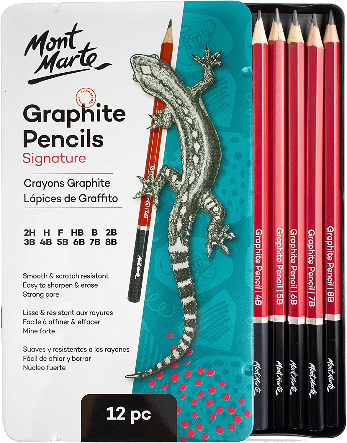 Mont Marte Pencils Set (2H, H, F, HB, B, 2B, 3B, 4B, 5B, 6B, 7B, and 8B) - 12 Pieces - Professional Drawing Pencils - Graphite Pencils for Technical Drawing, Writing and Sketching. 