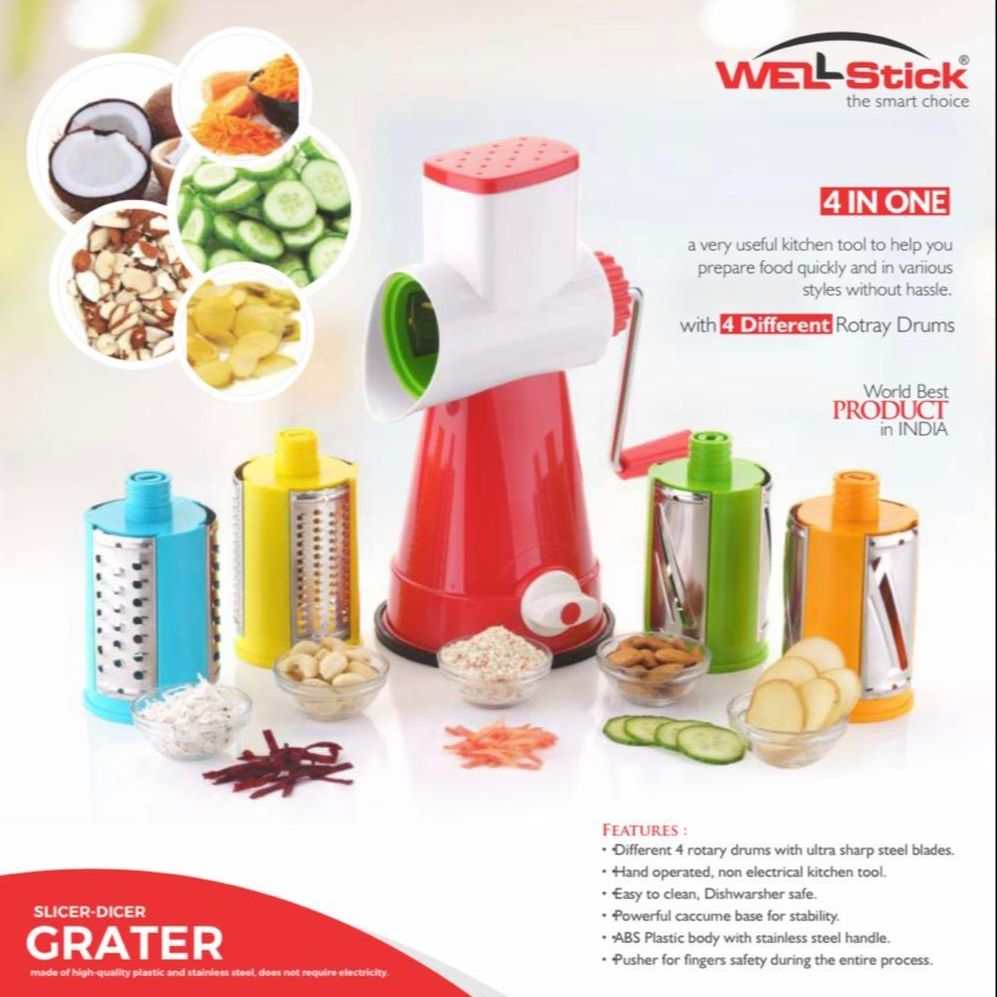 Plastic Stainless Steel 4 in 1 Multi-Functional Drum Rotary Vegetable Cutter | Shredder |Grater & Slicer | Slicer Dicer with High Speed Rotary Cylinder (Multicolor)