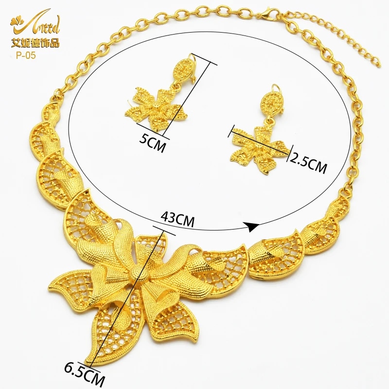 Indian Gold Plated Jewelry Set For Women African Bridal 24K Gold Color Necklace Earrings Set Dubai Nigerian Wedding Wholesale. 