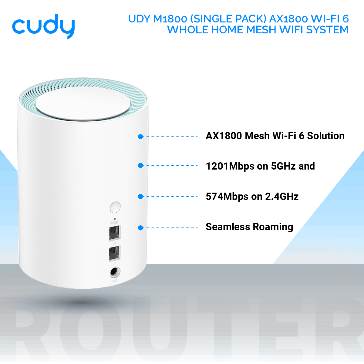 Cudy M1800 (Single pack) AX1800 Wi-Fi 6 Whole Home Mesh WiFi System - 1201Mbps on 5GHz and 574Mbps on 2.4GHz - MU-MIMO, Beamforming, WPA3 - Whole Home Coverage - White. 