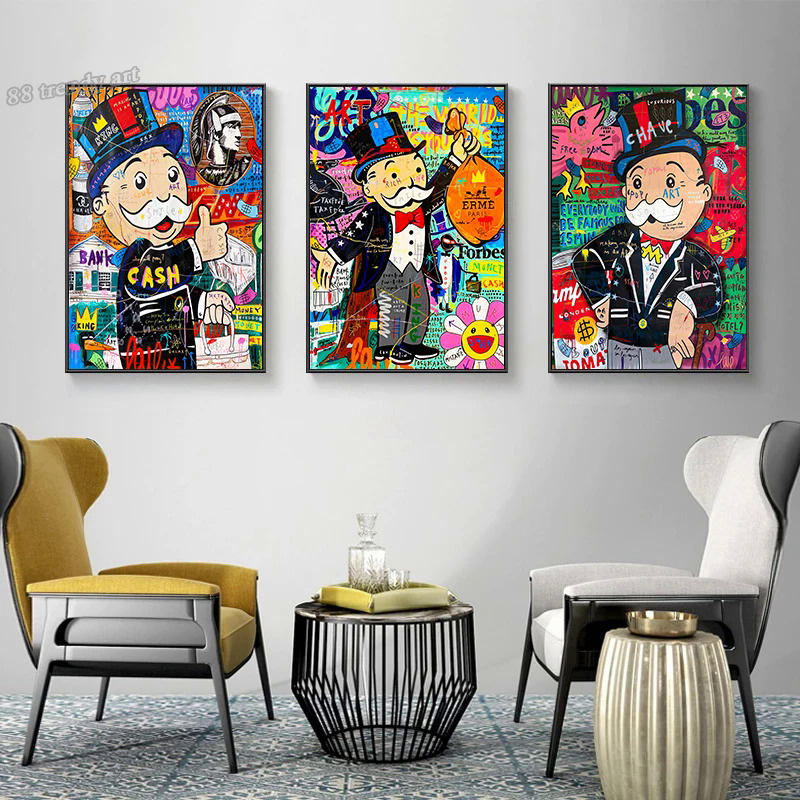 Pop Art Alec Monopoly Hold A Money Bag Posters Boss Rich Man with Mask Graffiti Canvas Painting The World Is Yours Cartoon Mural. 