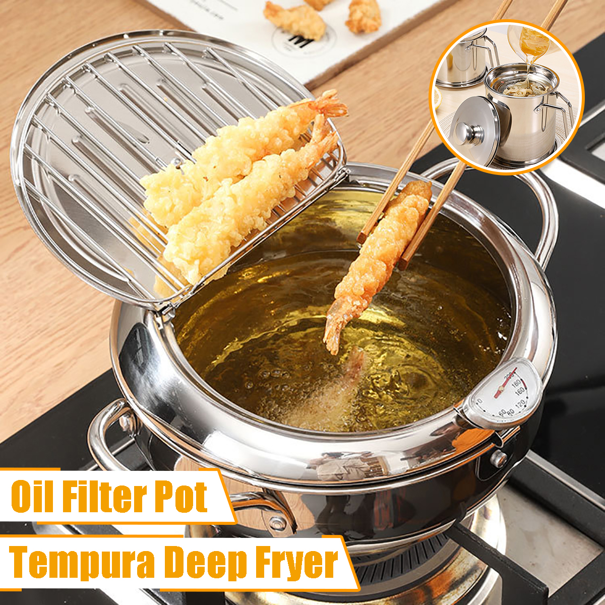 Tempura deep Fryer with a Thermometer Oil Appliances Filter Pot Stainless steel household with lid tempura fryer - 2L Filter Pot. 