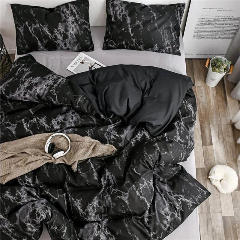 Marble Duvet Cover Polyester Abstract Geometric Pattern Bedding Set Modern 3pcs Marble Black Comforter Cover with Zipper Closure. 