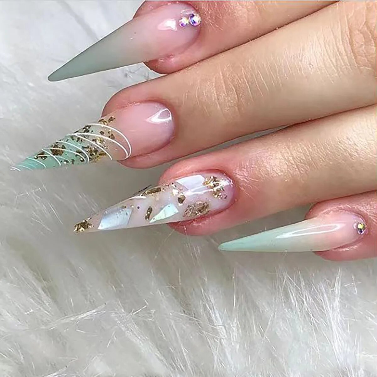 24Pcs False Nails With Glue Almond Pink Butterfly Design Detachable Rhinestones Acrylic Nails long stiletto Press On Nails. 