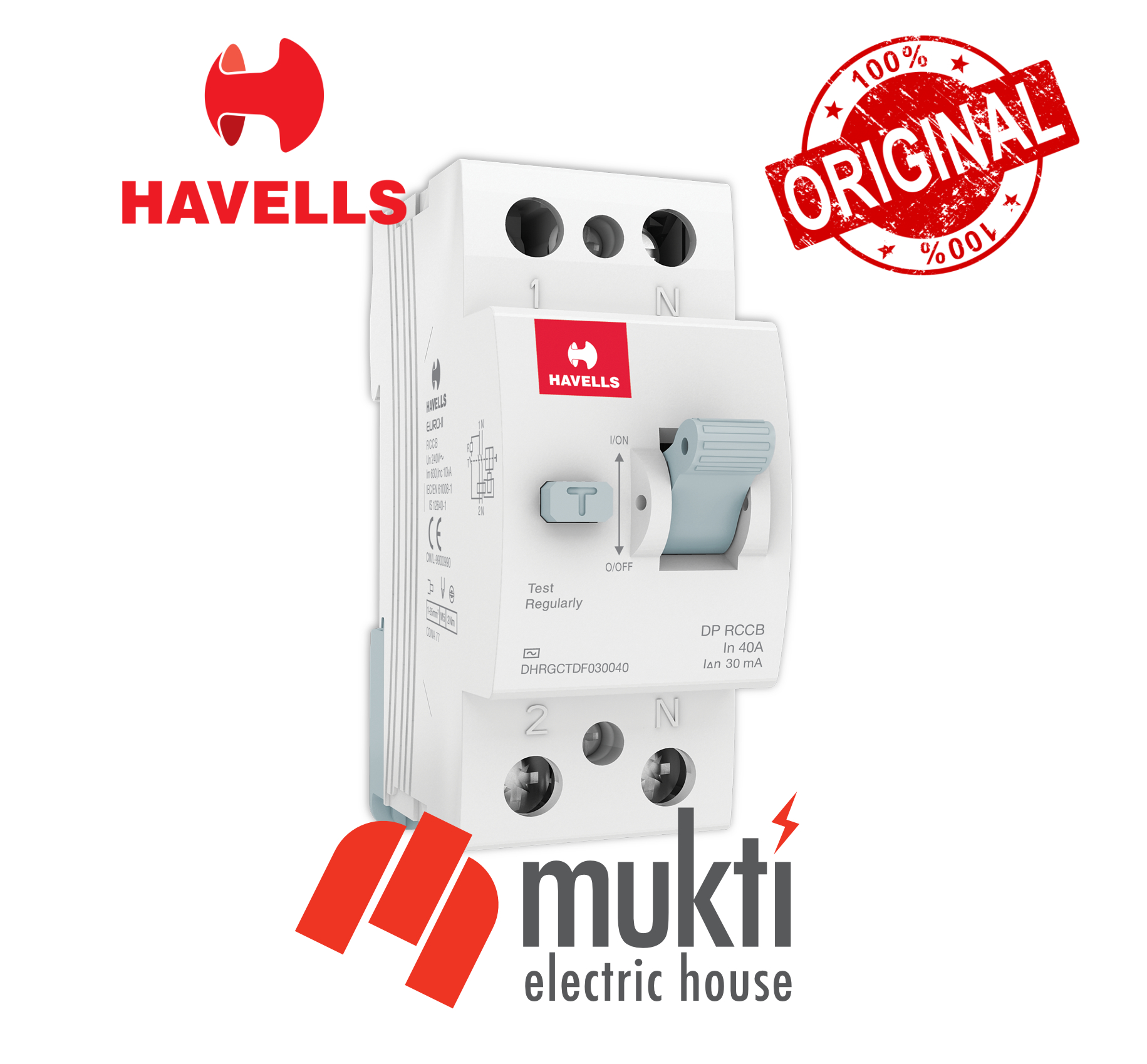HAVELLS RCCB 40A 30mA 10kA DP Double Pole Residual Current Circuit Breaker 2P ELCB Earth Leakage Breaker