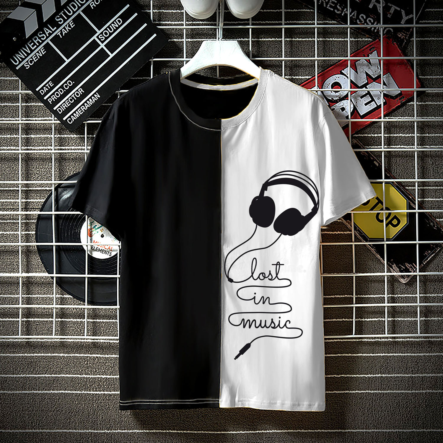 Double Part Music Print Design T-Shirt 