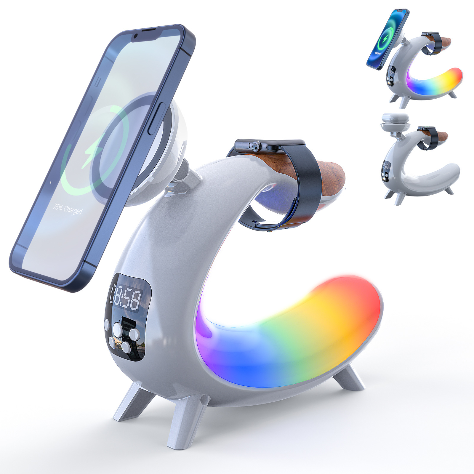 Bedside Table Lamp Colorful Night Light Wireless Charging for Cell Phone Watch Headphones Can be used as BT Audio/Clock/Ambient Light