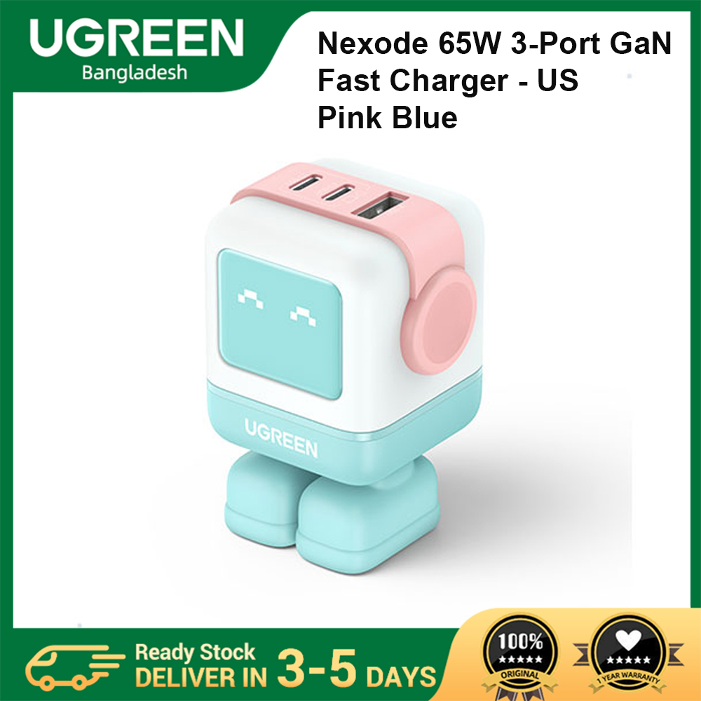 UGREEN Nexode RG CD361 3-Port 65W GaN Fast Charger - EU - Black/Purple/Pink Blue - UGREEN RobotGaN Fast Charger - 2x USB C ports, 1x USB A port - Plug Standard: EU - Broad Compatibility - Robot Charger. 