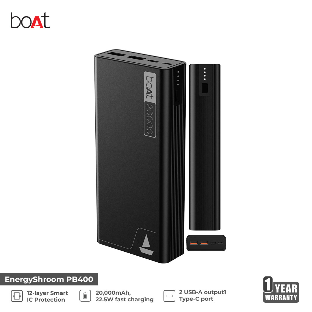 boAt Powerbank 20000mAh EnergyShroom PB400 with 22.5W QC and PD fast charging, 12-layer IC protection, dual USB, and Type-C output.