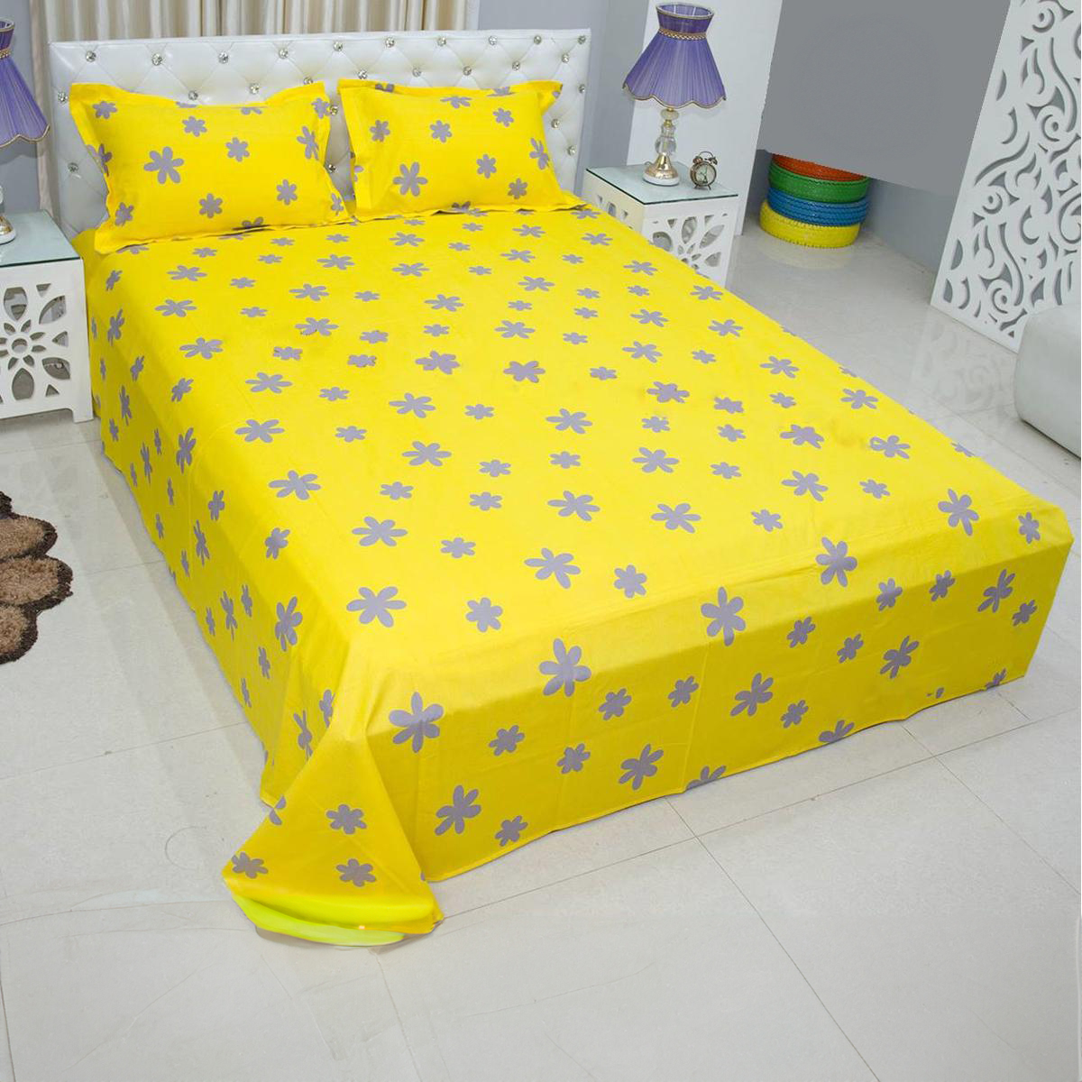 King Size Cotton Bed Sheet with Matching 2 Pillow Covers - Multicolor - Bed Sheet