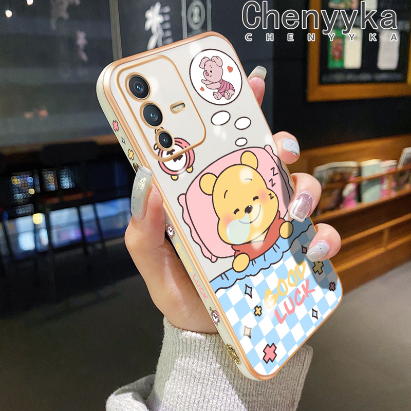 Chenyyka For vivo v23 4G V23 5G S12 5G Case Cartoon Winnie the Pooh New Design Plating Phone Case Square Edge Pattern Shockproof Soft Shell Full Cover Camera Lens Protection Case