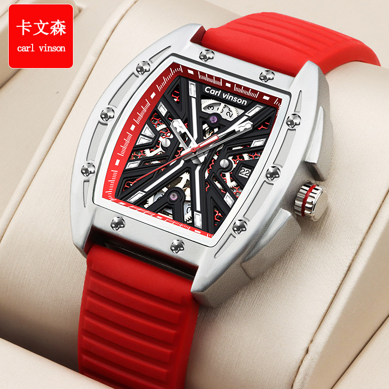 Carl vinson brand watch men's new barrel-shaped hollow waterproof luminous tremolo mechanical watch