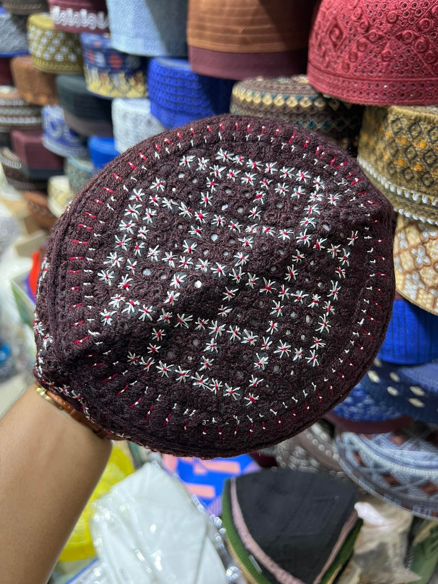 Beautiful Design & Coffee Color Pakistani Hand Made Glass Stone Setting Tupi for Men (Size 55,56). 