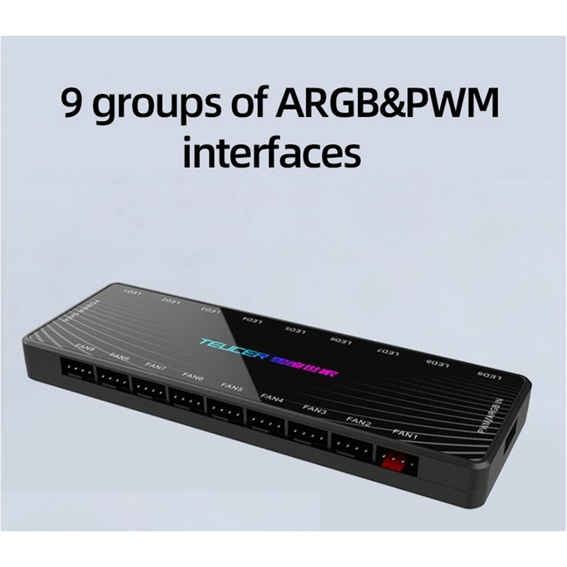 TEUCER 1 to 9 PWM & ARGB Fan HUB Splitter 4 Pin PWM 3 Pin Addressable RGB Adapter SATA Interface Concentrator for Desktop PC. 