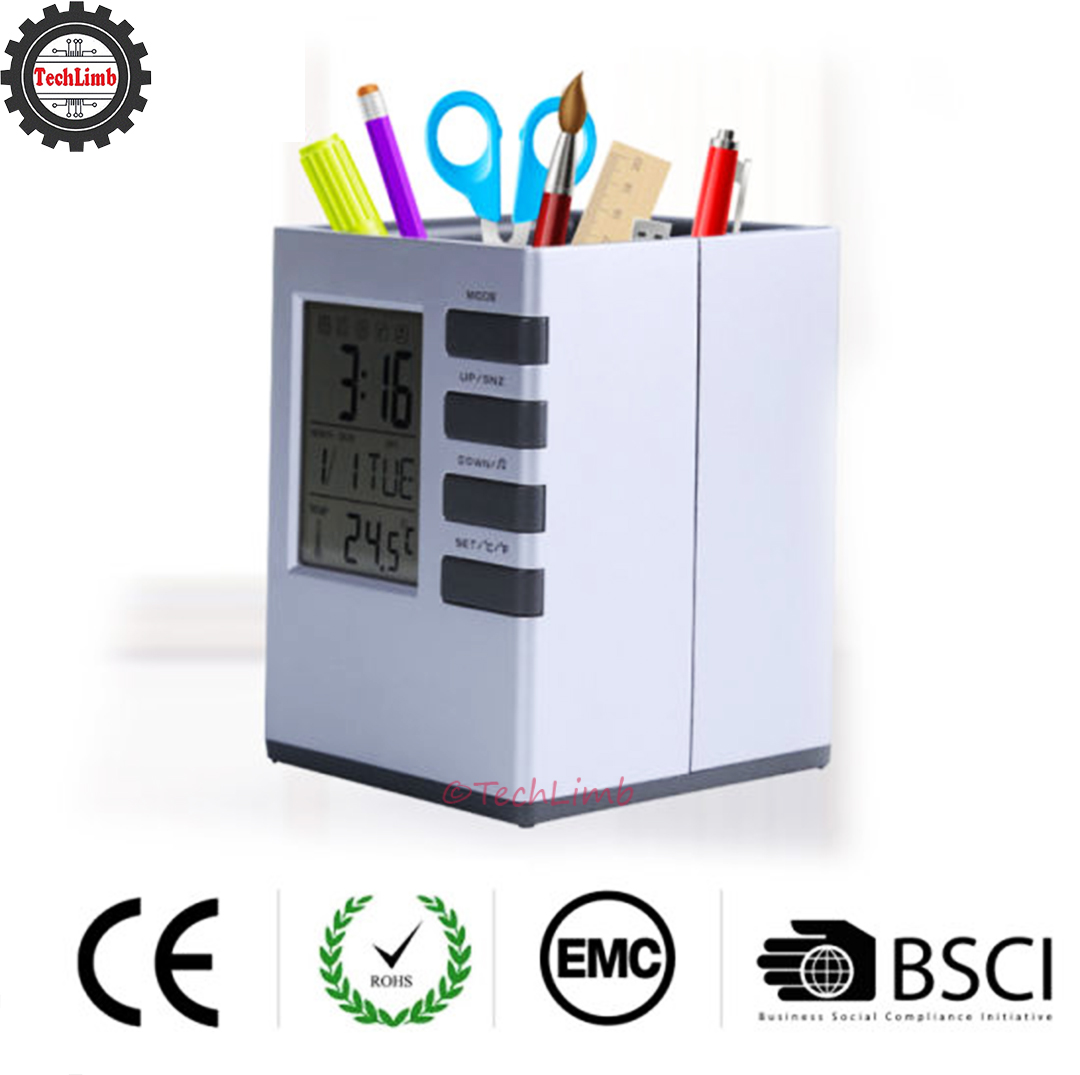 CUBE Desk Pen Stand with Digital Clock, Temperature, Alarm & Calendar - Multifunctional Pen Holder for Office & Home Desk - TechLimb. 