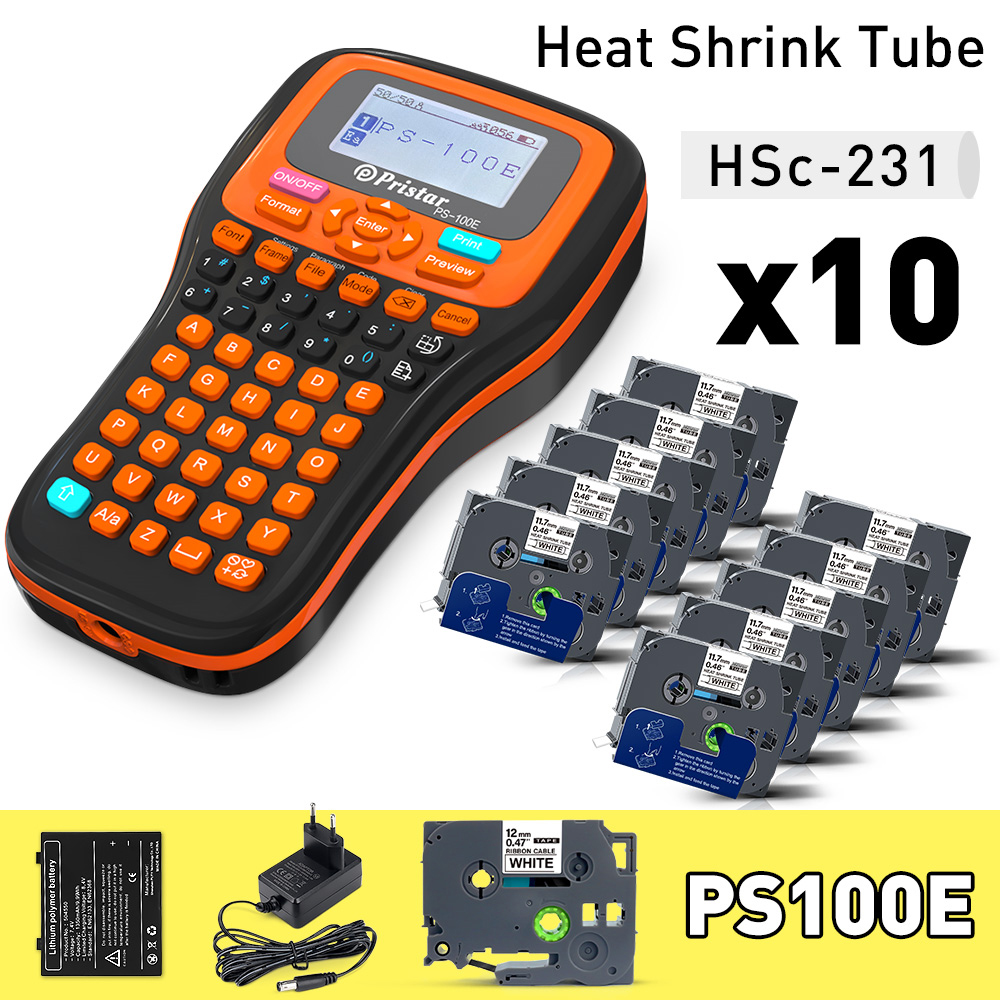 PS100E Auto Cutting Label Printer with 10PK Heat Shrink Tube Tape 11.8mm for HSe231 Portable Industrial Label Maker Machine minghao