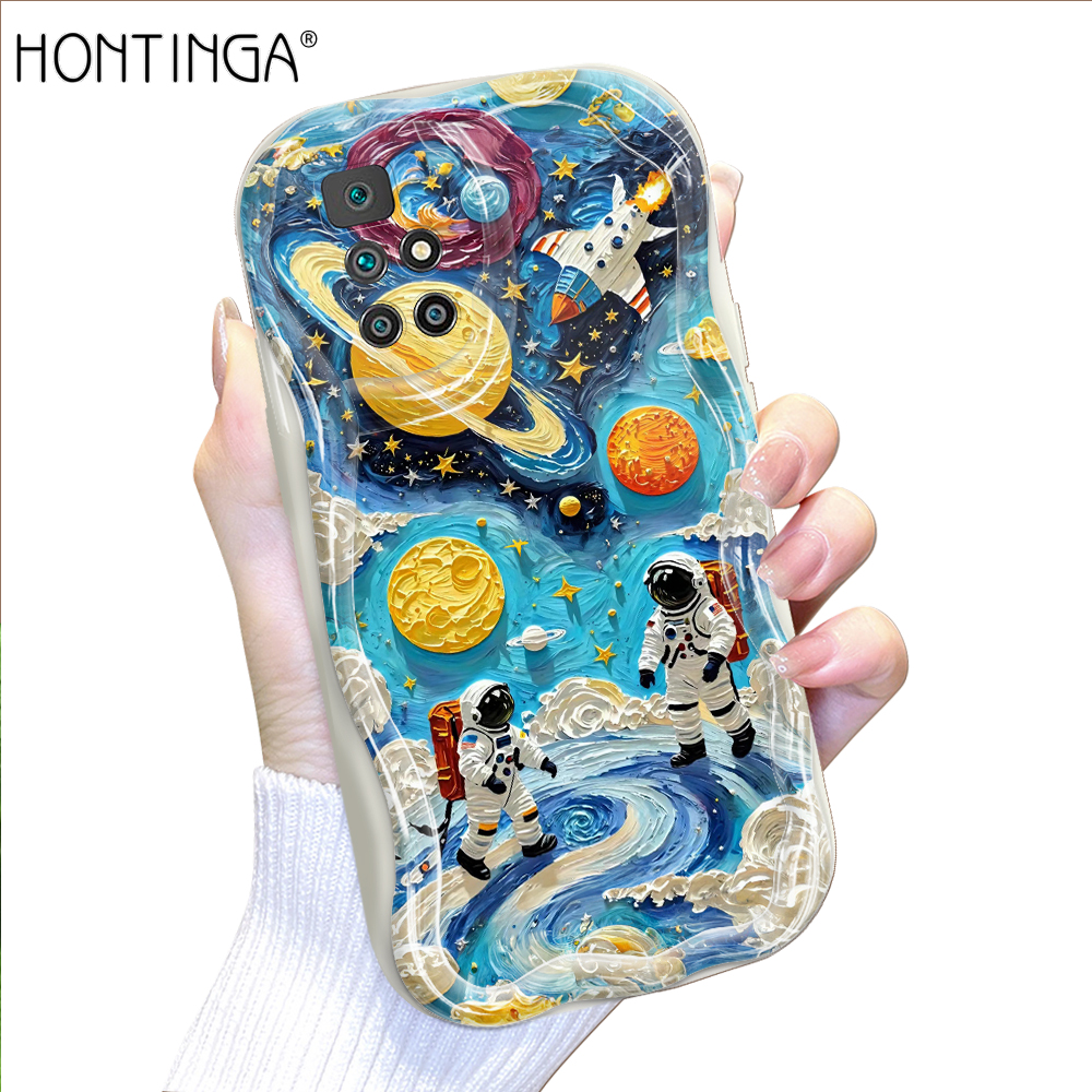 Hontinga for Redmi 10 Back Cover Cute Planetary Astronauts Cream Texture Phone Case Wavy Edge Soft Silicone Cover