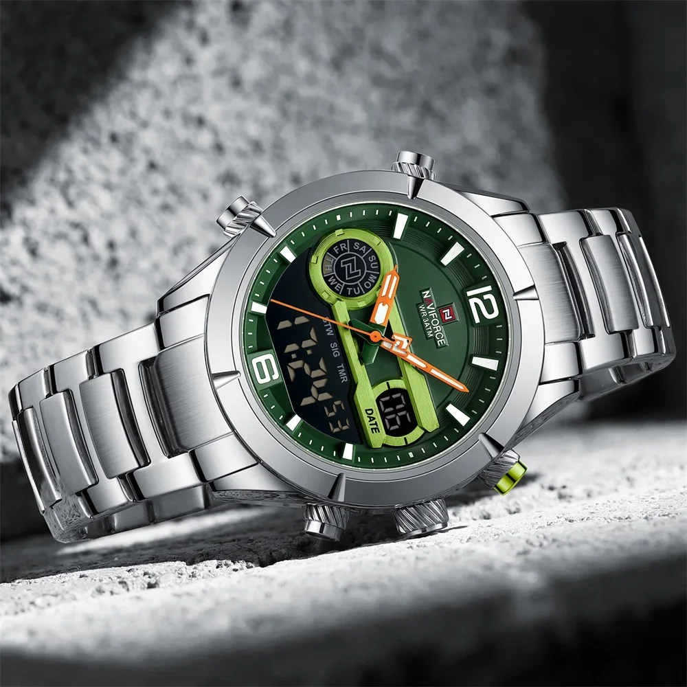 NAVIFORCE 9232 Men's Stainless Steel Military Unique Fashionable Quartz Luminous Dual Display LED Light Digital Alarm Clock For Men- Silver & Green. 