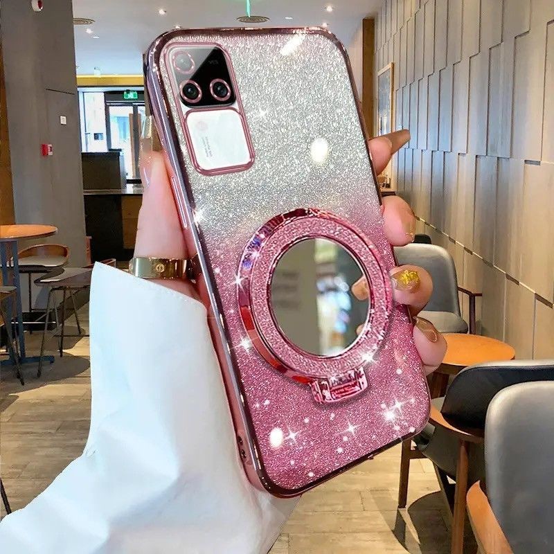 For Vivo V30 V30 Pro V30e 5G V30 Lite case casing with Makeup Mirror Holder Stand Luxury Shiny Gradient Plating Glitter Slim Phone Case Clear Soft Silicone Protective Cases Pouch Women Girls