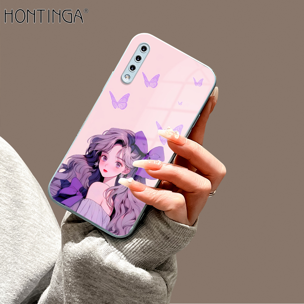 Hontinga for Samsung A52 4G A52S A54 A53 5G A51 A50 A50S A30S Back Cover Luxury Tempered Metallic Lacquer Glass Phone Case Cartoon Bow Girl Pattern Cover